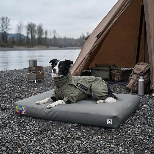 Sytopia Waterproof Outdoor Dog Bed for Large & Senior Dogs, Orthopedic Egg Crate Foam Pet Mat with Removable Washable Cover, Outdoor Indoor Crate Bed for Patio, Camping, Travel & Home 42inch, Grey