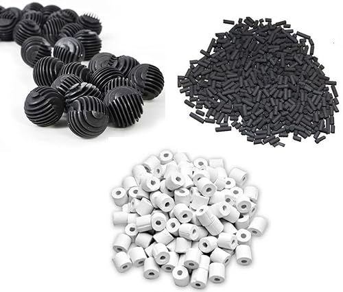 TED Tabbies Aquarium Filter Media, 250G Ceramic Rings, 250G Activated Carbon + 25 Pcs Bio Balls and Bio Media Aquarium Sponge Filter for Fish Tank.