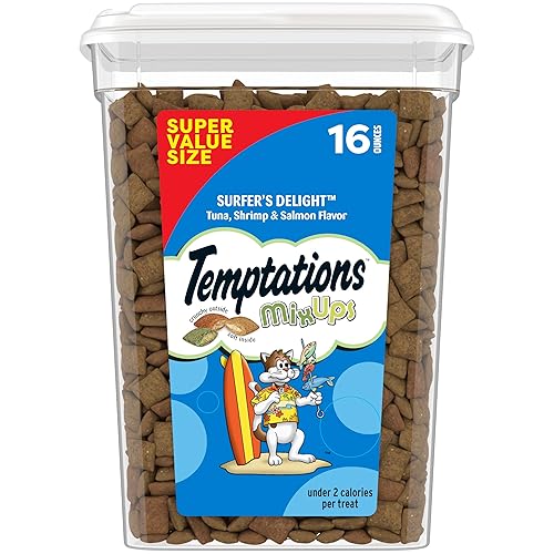 Temptations Cat Treats MixUps Surfer's Delight, Tuna, Shrimp, Salmon Flavor, Crunchy and Soft Cat Treats, 16 oz. Tub