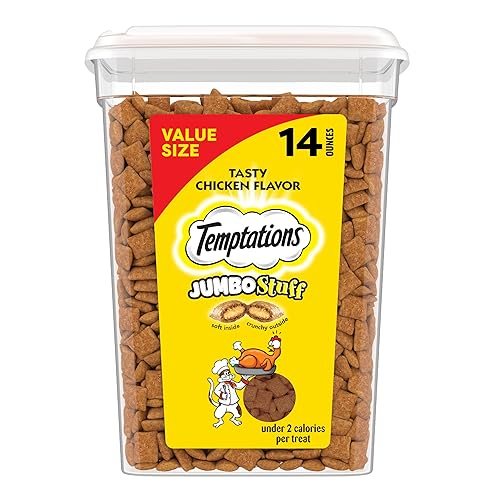 Temptations Jumbo Stuffed Cat Treats, Crunchy and Soft Cat Treats, Tasty Chicken Flavor, 14 oz. Tub