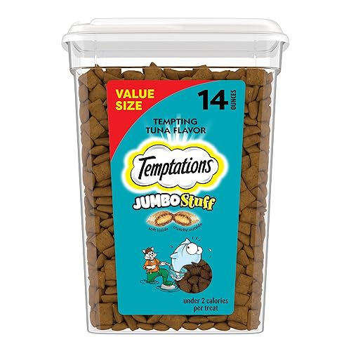 Temptations Jumbo Stuffed Cat Treats, Crunchy and Soft Cat Treats, Tempting Tuna Flavor, 14 oz. Tub