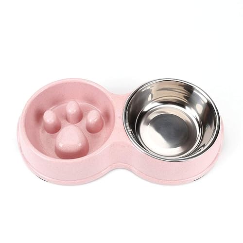 Tineer Double Pet Dog Slow Feeder Bowl,Stainless Steel Anti-Choke Puppy Food and Water Feeder for Dog Cats (Pink)