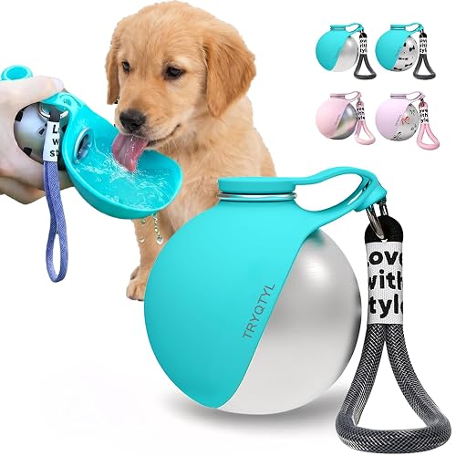 TRYQTYL Dog Water Bottle, 10oz Stainless Steel Portable Dog Water Bottle with Foldable Silicone Bowl, 2-in-1 Portable Dog Water Bowl for Water & Food, Water Dispenser for Dogs Walking (Blue)