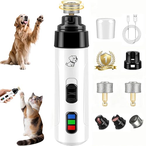 Upgraded Dog Nail Grinder Quiet, Professional Cat & Dog Nail Trimmers, 2-Speed Silent Pet Nail Grinder and Painless Paws Grooming, Suitable for Small Medium Pets (2 Replacement Head)