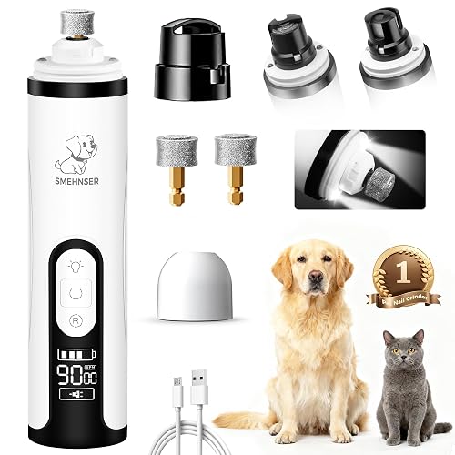 Upgraded Silent Dog Nail Grinder, Cordless Grooming Pro Nail Grinder with 3 Adjustable Speeds & Led Light, Painless Paws Grooming for Small Medium Large Dogs & Cats (2 Replacement Heads)