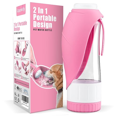 Uppetly Dog Water Bottle, Pet Water Bottle with Food Container and Drinking Feeder, Leak Proof, BPA-Free, Portable Foldable Puppy Water Cup Dispenser for Outdoor Walking, Travel, Hiking Large Pink