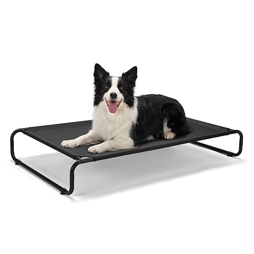 Veehoo Cooling Elevated Dog Bed, Outdoor Dog Bed for Large Dogs, Raised Dog Cot with Thickened Frame, Durable Teslin Mesh & Anti-Slip Rubber Feet, Pet Hammock for Indoor or Camping, 41" x 26", Black