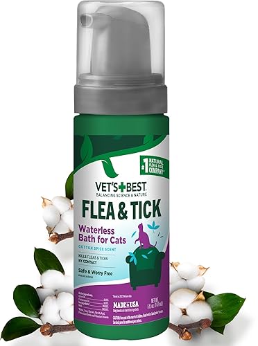 Vet's Best Natural Waterless Flea & Tick Bath for Cats β Natural No-Rinse Dry Shampoo with Plant-Based Ingredients β Flea and Tick Prevention and Control with Certified Essential Oils β 5 oz Bottle