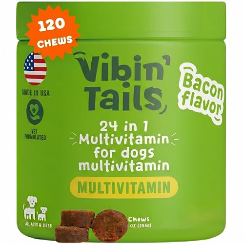 Vibin’ Tails 24-in-1 Dog Multivitamin, Glucosamine Chondroitin Hip & Joint Support, Probiotics & Omega-3, Skin & Coat - Puppy & Senior Chewable Dog Vitamins & Supplements Vet Formulated - 120ct Bacon