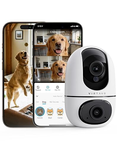 VIRTAVO AI Pet Camera Indoor with Phone App for Dog, Cat & Puppy, 360° Dual-Lens with Auto Tracking & Pet Calling, No Subscription, Wi-Fi 6 (5GHz/2.4GHz), Apple Watch & Alexa Compatible