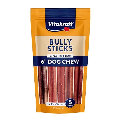 Vitakraft Dog Bully Sticks, 6 Inch, 5 Count, Thick, All-Natural Beef Chews for Dogs, 6 oz