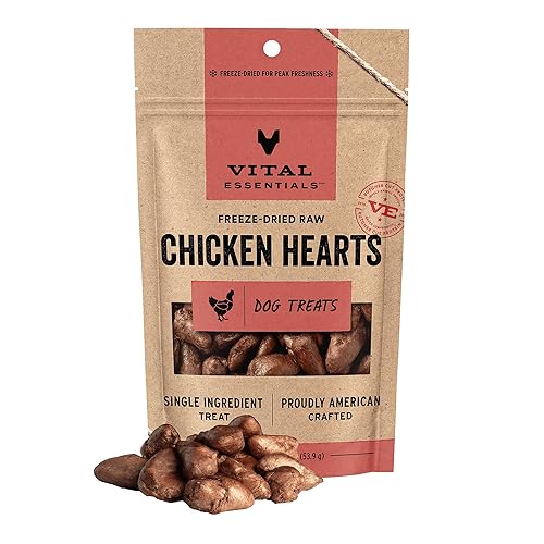 Vital Essentials Freeze Dried Raw Chicken Hearts Dog Treats | Single Ingredient | Premium Quality | Grain Free Treats for Dogs, 1.9 oz Bag