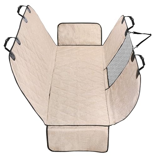 VIVAGLORY Dog Car Seat Covers, Hammock Seat Cover Mesh Visual Window with Extra Strap & Buckles, Waterproof & Nonslip Car Back Seat Cover Convert to Bench Seat Cover & Trunk Liner, Heather Khaki S