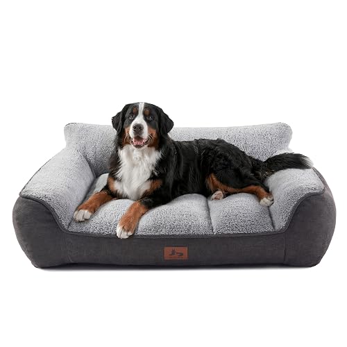 Warmrest XL Pro Orthopedic Dog Beds Large Sized Dog, Extra Thick Supportive Bolster Dog Couch with Machine Washable Cover, Extra Large Pet Bed Sofa with Soft Sherpa and Nonskid Bottom, Grey, 45"
