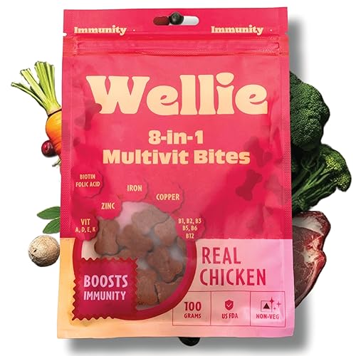 Wellie 8-in-1 Multivit Bites Dog Supplements | Chicken Flavored Treats with 8 Essential Vitamins, Zinc, Iron & Copper | Boosts Immunity, Skin & Coat, Energy & Wellness | for All Breeds | 100g