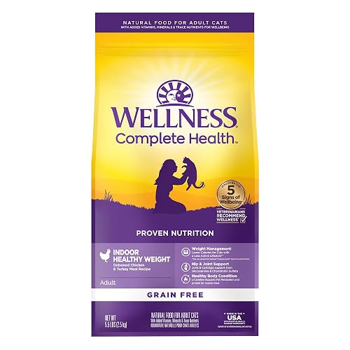 Wellness Complete Health Healthy Weight Adult Dry Cat Food for Indoor Cats, Natural, Grain Free Kibble, Chicken & Turkey Recipe, 5.5 lb Bag