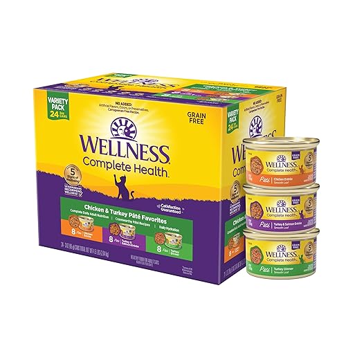 Wellness Complete Health Pate Variety Pack Adult Canned Wet Cat Food, Natural, Protein Rich, Grain Free, Chicken and Turkey Favorites, 3 oz, Pack of 24 Cans