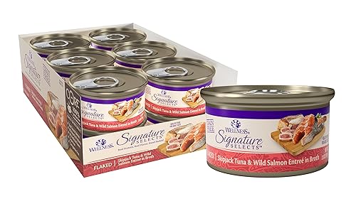 Wellness CORE Signature Selects Flaked Adult Canned Wet Cat Food, Natural, Protein Rich, Grain Free, Skipjack Tuna and Wild Salmon Entrée Recipe, 2.8 oz, Pack of 12 Cans