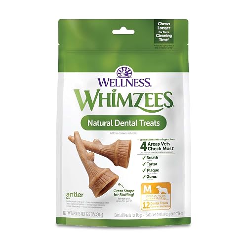 Wellness WHIMZEES Antler Occupy Natural Dog Dental Treat, Chews, Freshens Breath, Medium Size, 12.7 oz Bag, 12 Count