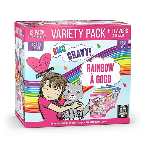 Weruva B.F.F. OMG - Best Feline Friend Oh My Gravy!, Rainbow A Gogo Variety Pack! Cat Food, 3oz Pouch (Pack of 12)