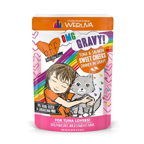 Weruva B.F.F. OMG - Best Feline Friend Oh My Gravy!, Tuna & Salmon Sweet Cheeks with Tuna & Salmon in Gravy Cat Food, 3oz Pouch (Pack of 12)
