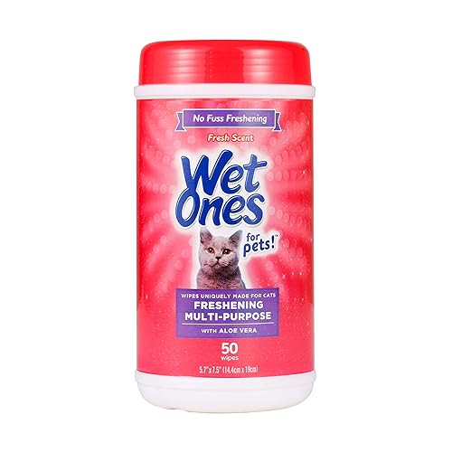 Wet Ones for Cats Freshening Wipes, Multi-Purpose Cat Grooming Wipes with Aloe Vera, Helps Remove Dirt, Odor, and Dander Between Baths, Fresh Scent, 50 Count