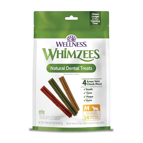 Whimzees Wellness Stix Natural Dog Dental Treat, Chews, Freshens Breath, Medium Size Sticks, 14.81 oz Bag, 14 Count
