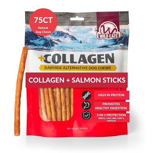 Wild Eats Salmon Collagen Sticks for Dogs (75 Pack, 0.6 cm Wide) Long Lasting Dog Chews No Hide Dog Treat Bully Stick Alternative, Rawhide Free, Grain Free, High Protein
