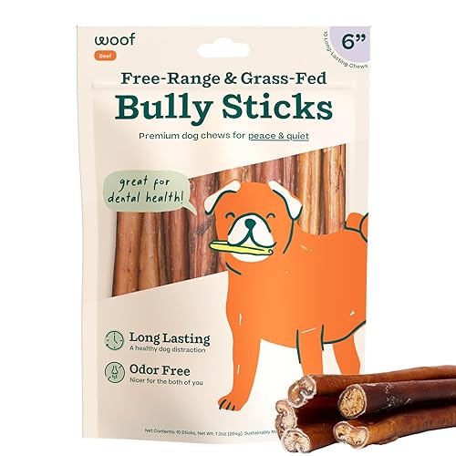 WOOF Bully Sticks Dog Treats - Chew Sticks for Dogs - Long-Lasting Dog Chew Treats - Made with Free-Range, Grass-Fed Beef - 6" Sticks - 10pk