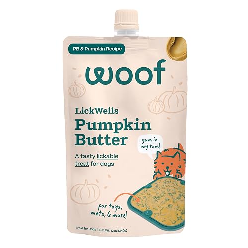 Woof LickWells Pumpkin Butter - Dog Lick Mat Spread and Meal Topper for the FlipMat and LickMat - Made with Prebiotics and Superfoods - for Digestion and Enrichment - 12 oz - PB & Pumpkin Flavor