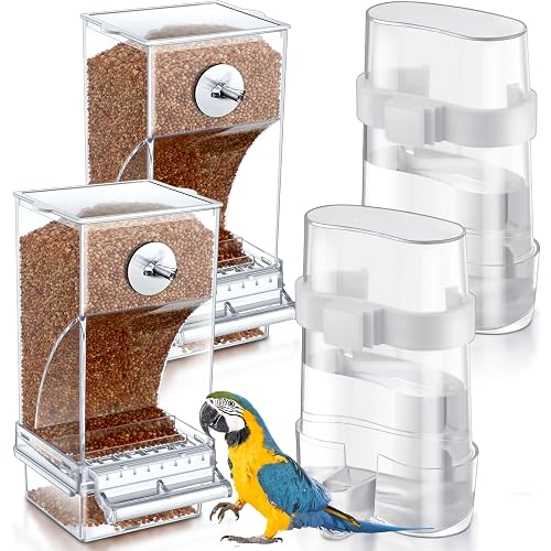 Yaomiao 4 Pcs No Mess Small Bird Feeders Automatic Parakeet Water Dispenser Clear Quail Feeder and Watered Cage Accessories for Small and Medium Parakeet Cockatiel Canary(Assorted,Transparent)