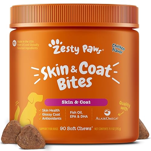 Zesty Paws Omega 3 Alaskan Fish Oil Chew Treats for Dogs - with AlaskOmega for EPA & DHA Fatty Acids - Hip & Joint Support + Skin & Coat Chicken Flavor (90 Soft Chews)