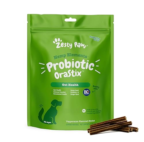 Zesty Paws OraStix for Dogs - Probiotic Sticks with Hemp Seed Curcumin Ginger Root Taurine - Supports Gut Function Flora Immune System Proprietary Healthy Teeth Gum Blend - 25oz