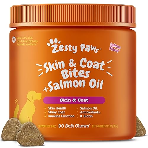 Zesty Paws Salmon Oil for Dogs Skin and Coat, Omega 3 Fish Oil Chews, Dog Allergy Relief Chews, Itch Relief Supplement, 90 Count, Salmon Flavor